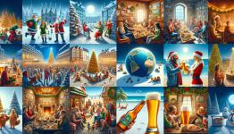 DALL·E 2023-12-23 19.27.46 - A global Christmas beer party, showcasing diverse celebrations around the world. The image is split into several scenes, each representing a different.png